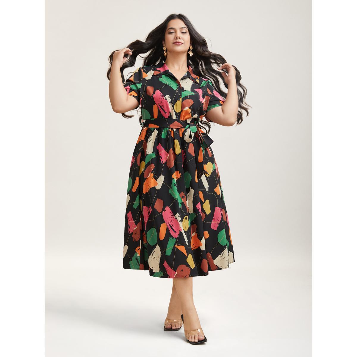 Plus Size Color Brush Print Stretchy Waist Midi Dress BlackFlower Women Elegant Belted Shirt collar Short sleeve Curvy BloomChic 28/5X Product Image