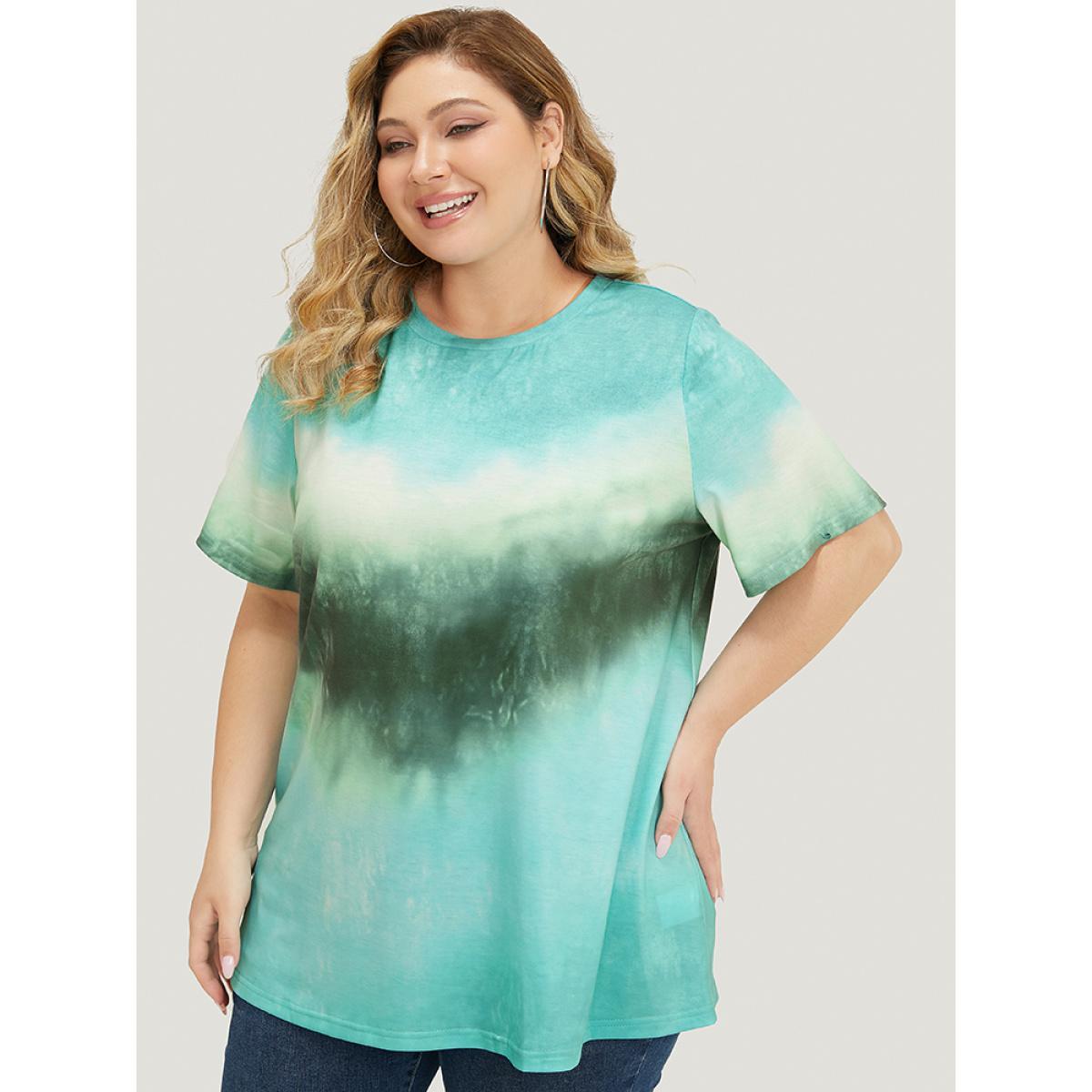 Plus Size Tie Dye Drop Shoulder Round Neck T-shirt Green Women Casual Ombre Round Neck Dailywear T-shirts BloomChic 22-24/3X Product Image