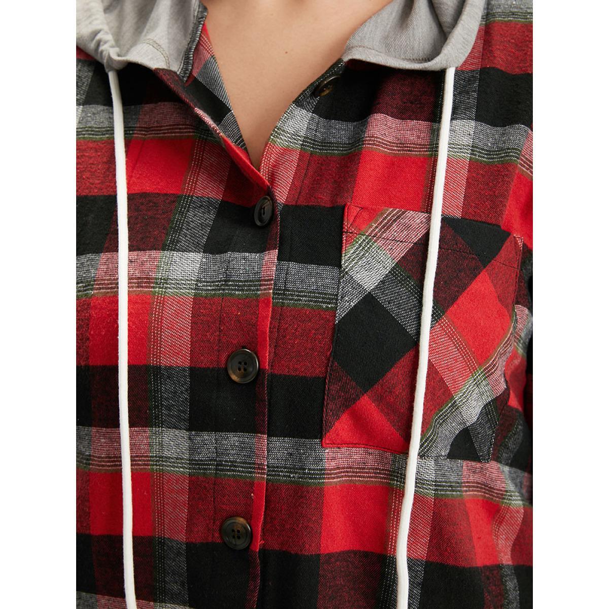 Plus Size Plaid Patchwork Hooded Drawstring Button Through Jacket Women Red Dailywear Jackets BloomChic 14-16/1X Product Image