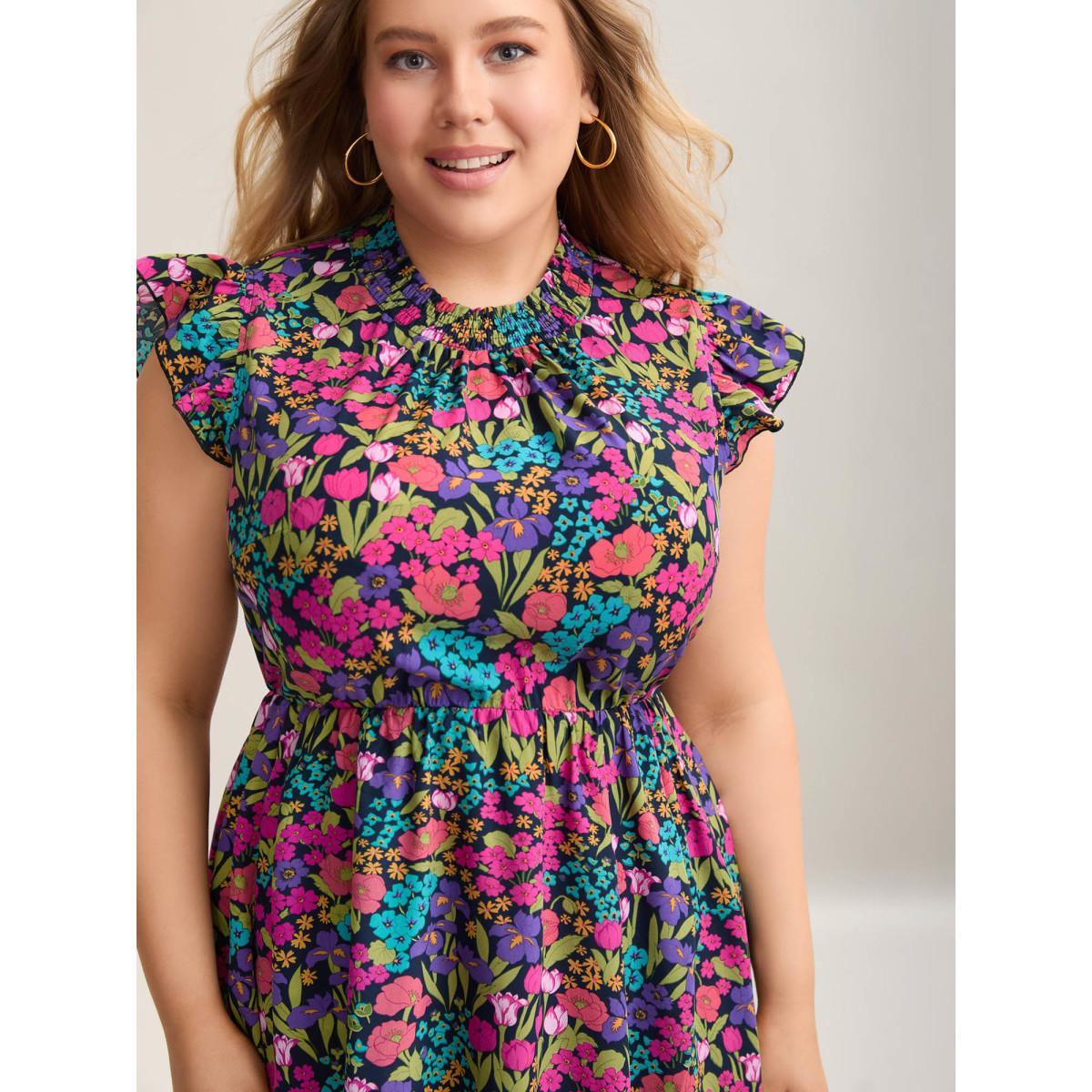 Plus Size Floral Print Shirred Pockets Midi Dress Indigo Women Elegant Frill Trim Mock Neck Cap Sleeve Curvy BloomChic 28/5X Product Image