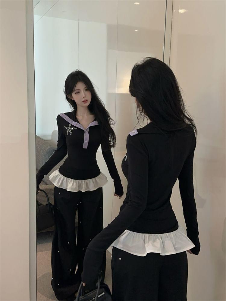 Long-Sleeve Sailor Collar Two Tone Studded Ruffle Hem Top Product Image