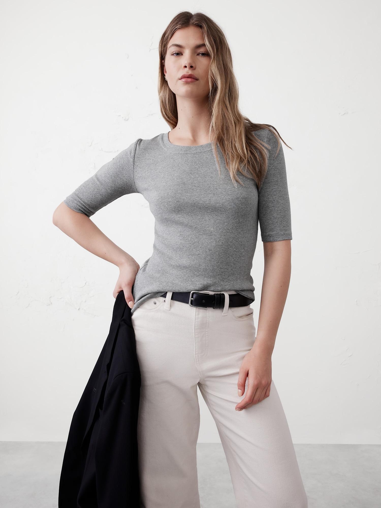 Ribbed Elbow-Sleeve T-Shirt Product Image