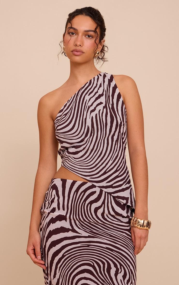 Brown Zebra Print Chiffon Asymmetric Top Product Image