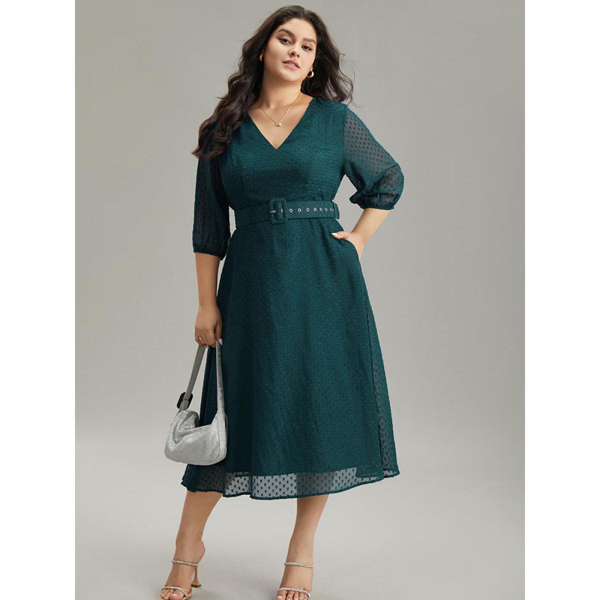 Plus Size Solid Texture Pocket Belted Mesh Patchwork Dress Aegean Women Glamour Elastic cuffs V-neck Elbow-length sleeve Curvy Midi Dress BloomChic 12/L Product Image