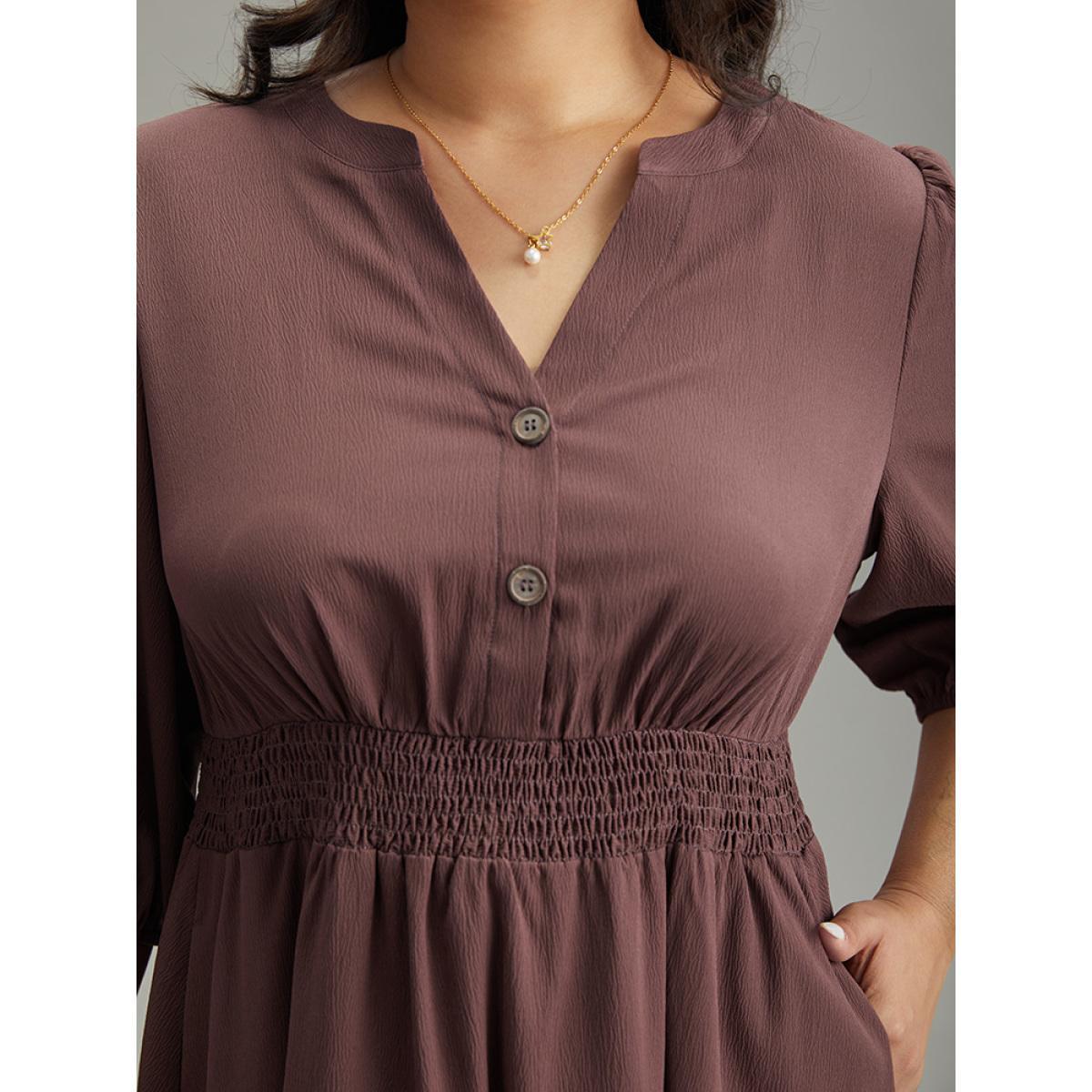 Plus Size Solid Notched Lantern Sleeve Shirred Dress Eggplant Women Office Elastic cuffs Notched collar Elbow-length sleeve Curvy Midi Dress BloomChic 18-20/2X Product Image