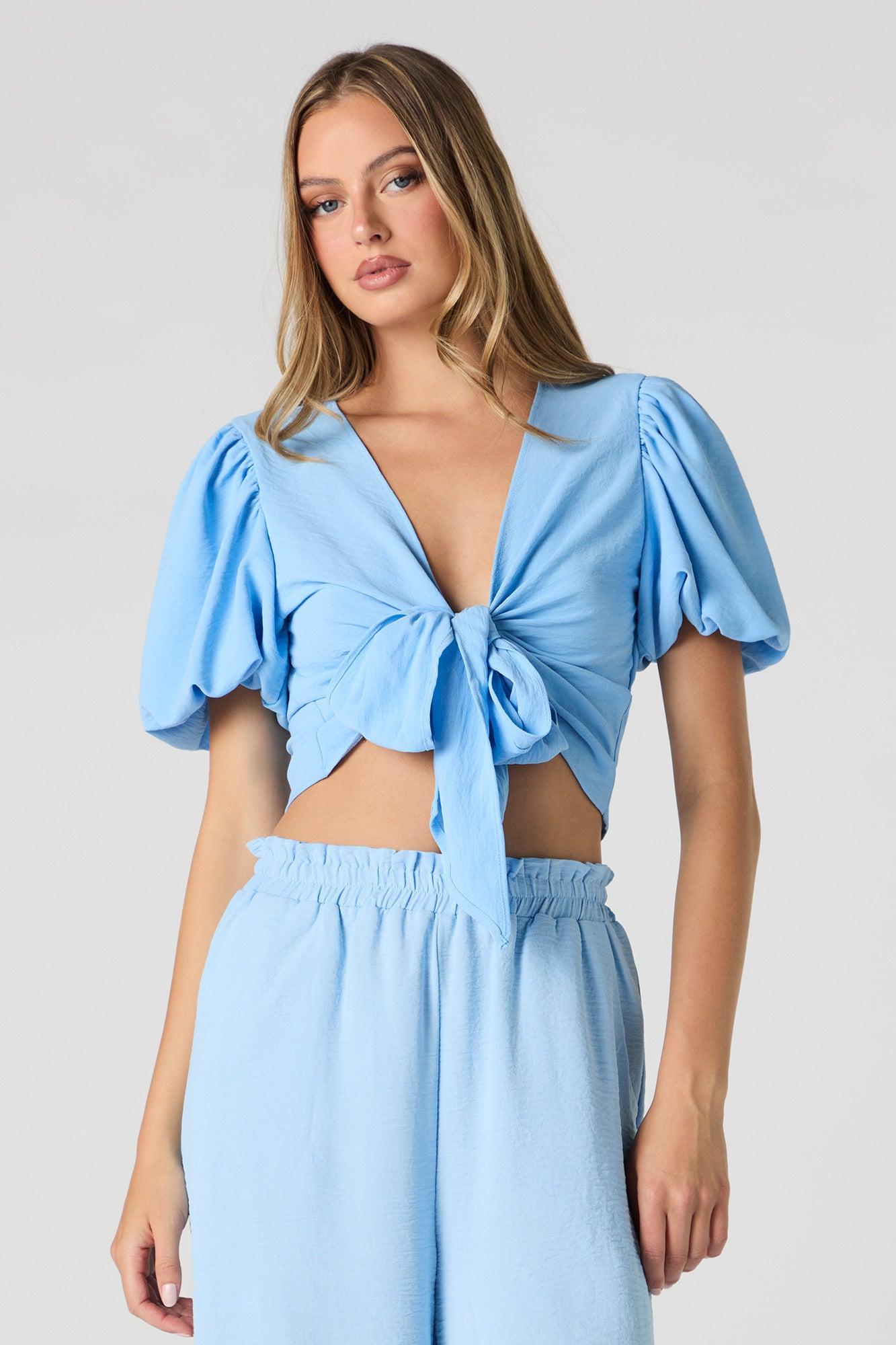 Tie Front Puff Sleeve Crop Top Female Product Image