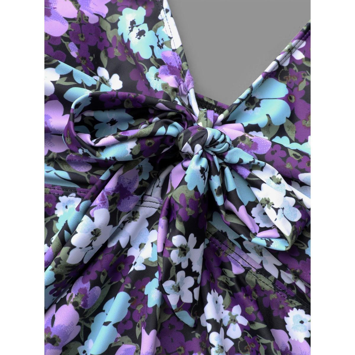 Plus Size Ditsy Floral Ties Adjustable Ruched Swim Top Women's Swimwear Eggplant Beach Tie knot High stretch Bodycon V-neck Curve Swim Tops BloomChic 26/4X Product Image