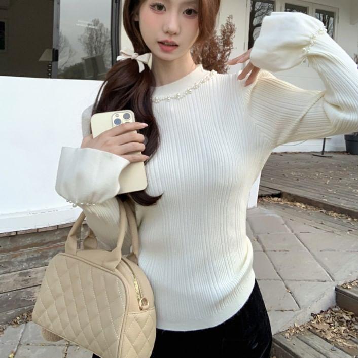 Long-Sleeve Crew Neck Plain Ribbed Faux Pearl Knit Top Product Image