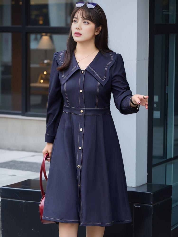 Plus Size Long-Sleeve Sailor Collar Contrast Stitched Button-Up Midi A-Line Dress Product Image