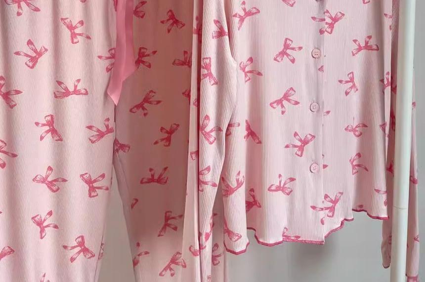 Pajama Set: Long-Sleeve Bow Print Button-Up T-Shirt + Pants Product Image