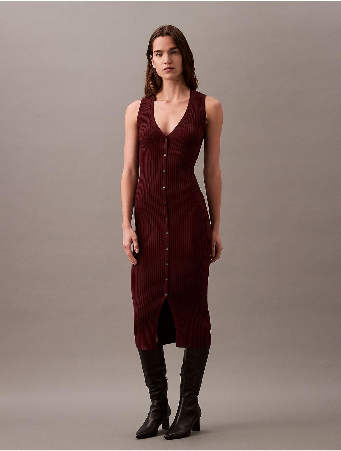 Calvin Klein Women's Smooth Cotton Rib Sweater Midi V-Neck Dress - Black - M Product Image