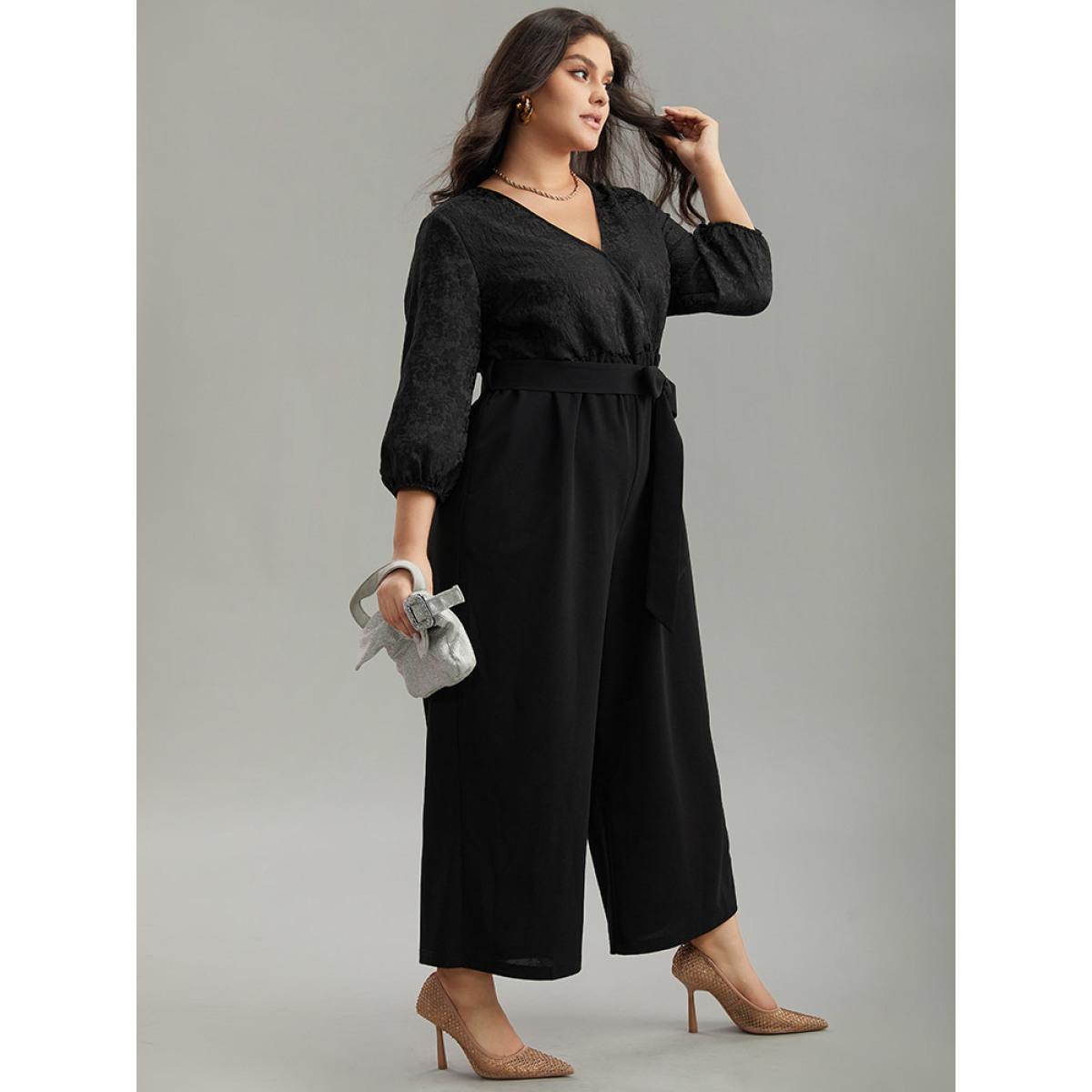 Plus Size Black Plain Textured Belted Wrap Jumpsuit Women Party Elbow-length sleeve Overlap Collar Going out Loose Jumpsuits BloomChic 30/6X Product Image