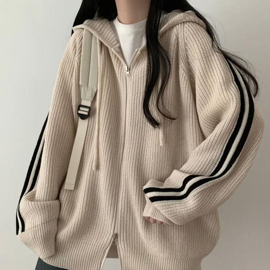 Striped Hooded Oversized Zip Cardigan Product Image