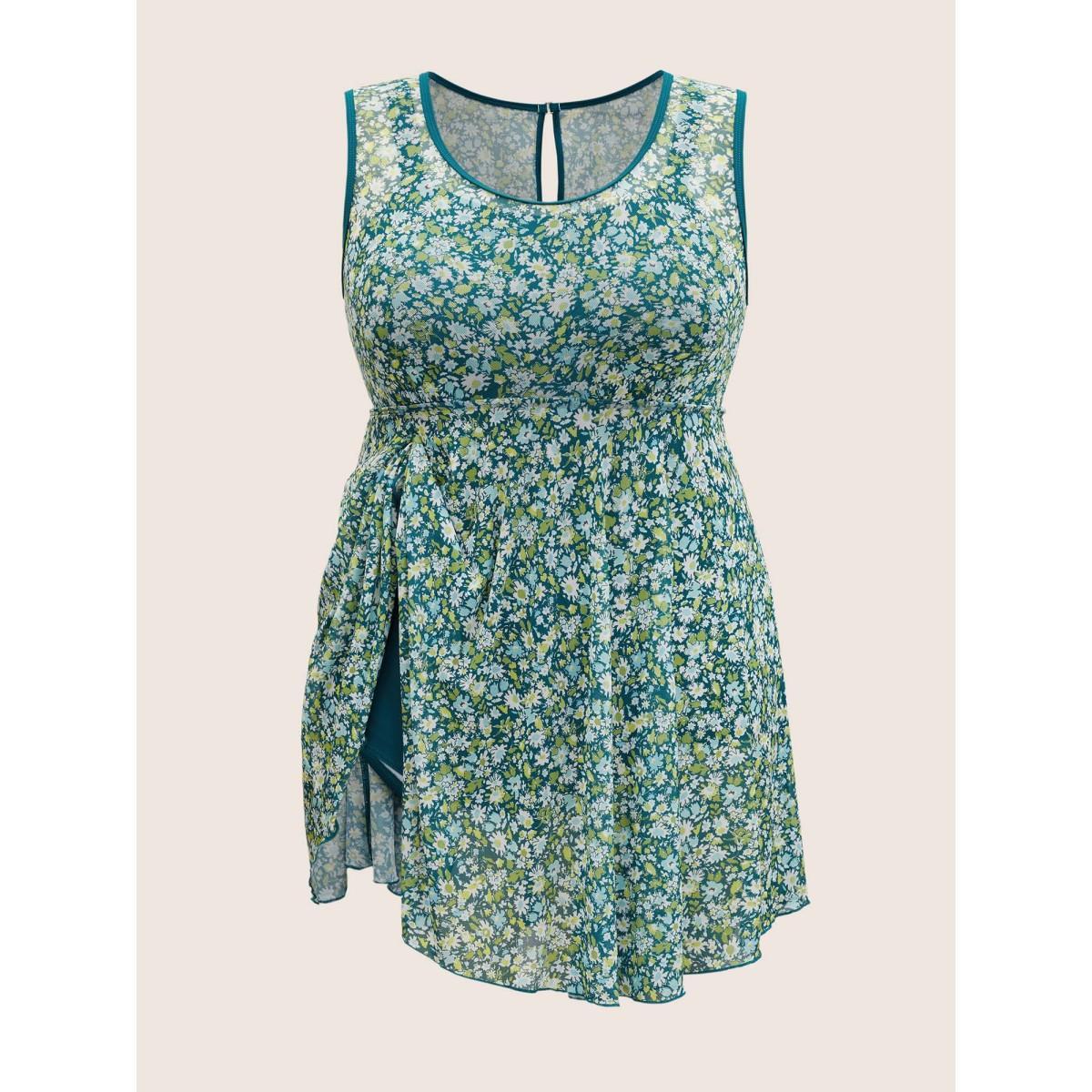 Plus Size Ditsy Floral Round Neck Cut Out Swim Dress Women's Swimwear Moss Beach Bodycon Round Neck High stretch Curve Swim Dresses BloomChic 28/5X Product Image