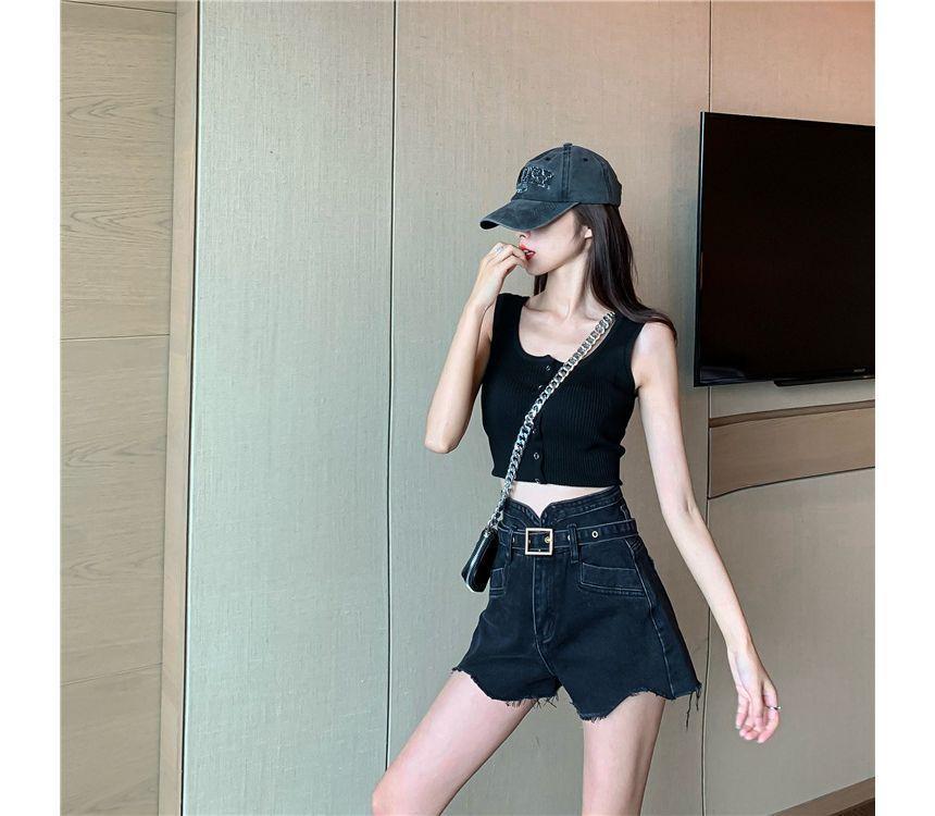 High Waist Washed Belted Fray Denim Shorts Product Image