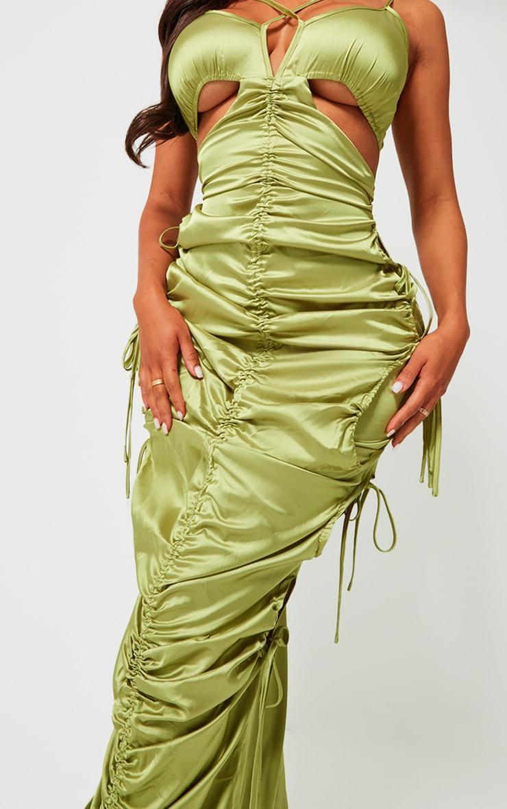 Shape Olive Satin Ruched Strappy Detail Maxi Dress Product Image