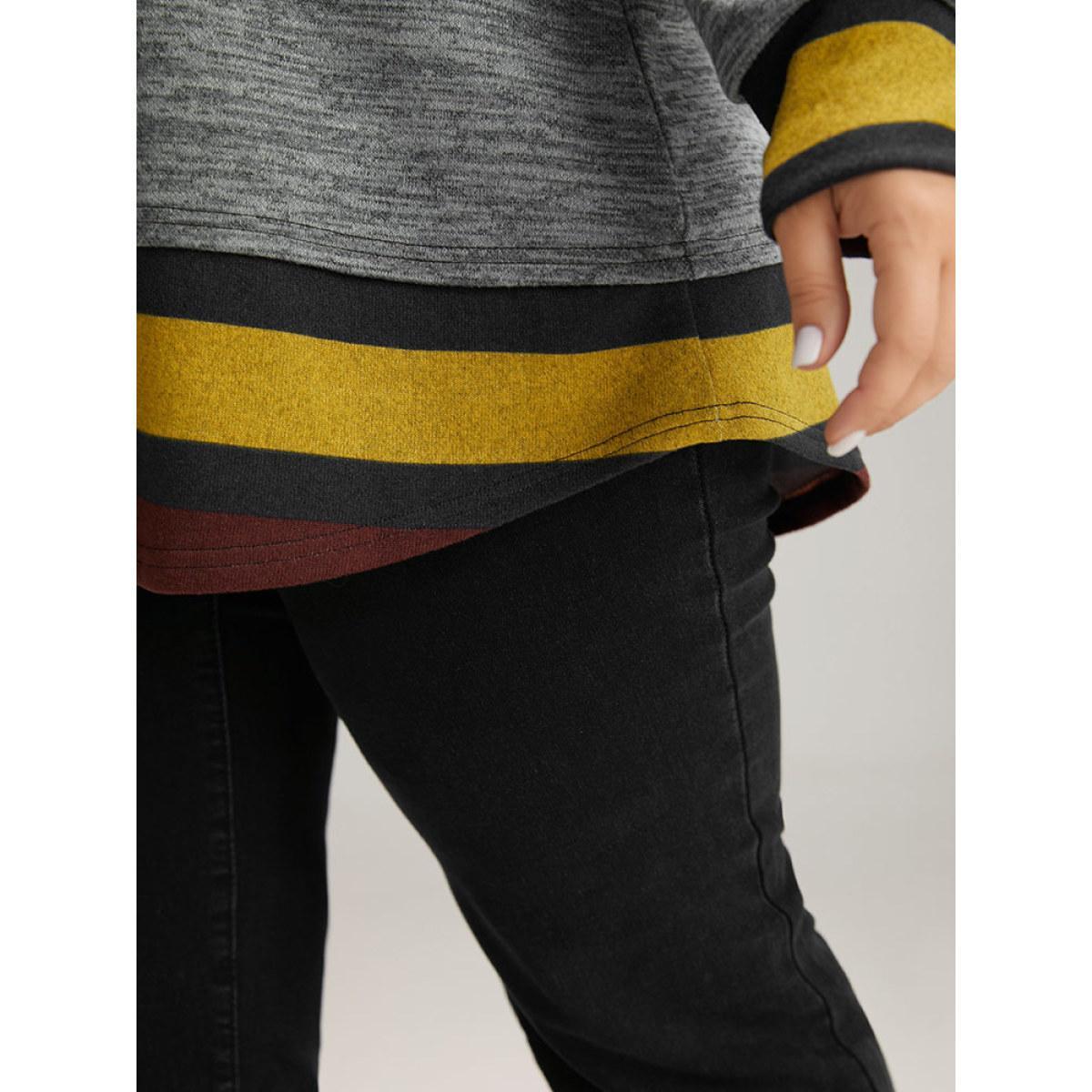 Plus Size Striped Heather Patchwork Curved Hem Sweatshirt Women Gray Casual Contrast Round Neck Dailywear Sweatshirts BloomChic 22-24/3X Product Image