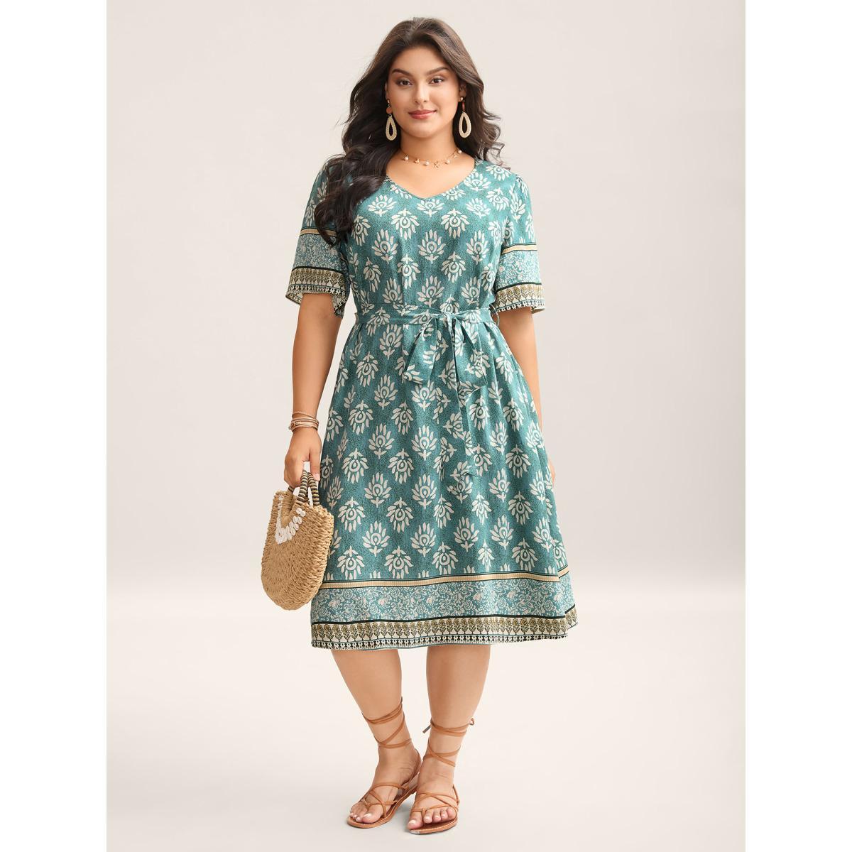 Plus Size Rayon Boho Print Tied Midi Dress Teal Women V-neck Short sleeve Curvy BloomChic 26/4X Product Image