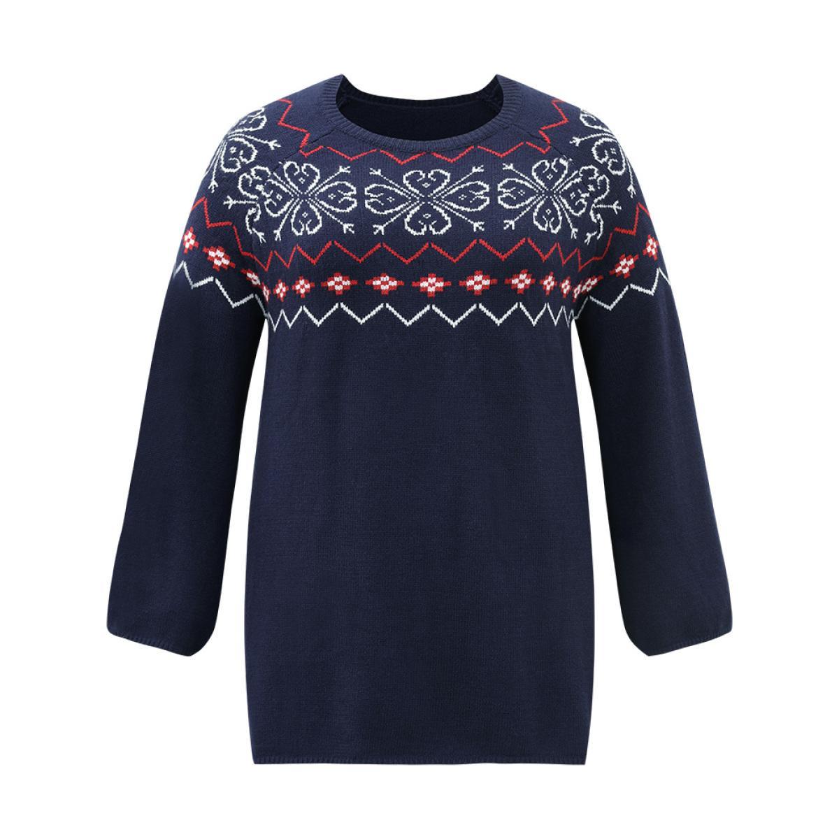 Plus Size Supersoft Essentials Geometric Bell Sleeve Pullover Indigo Women Casual Loose Long Sleeve Round Neck Dailywear Pullovers BloomChic 28/5X Product Image
