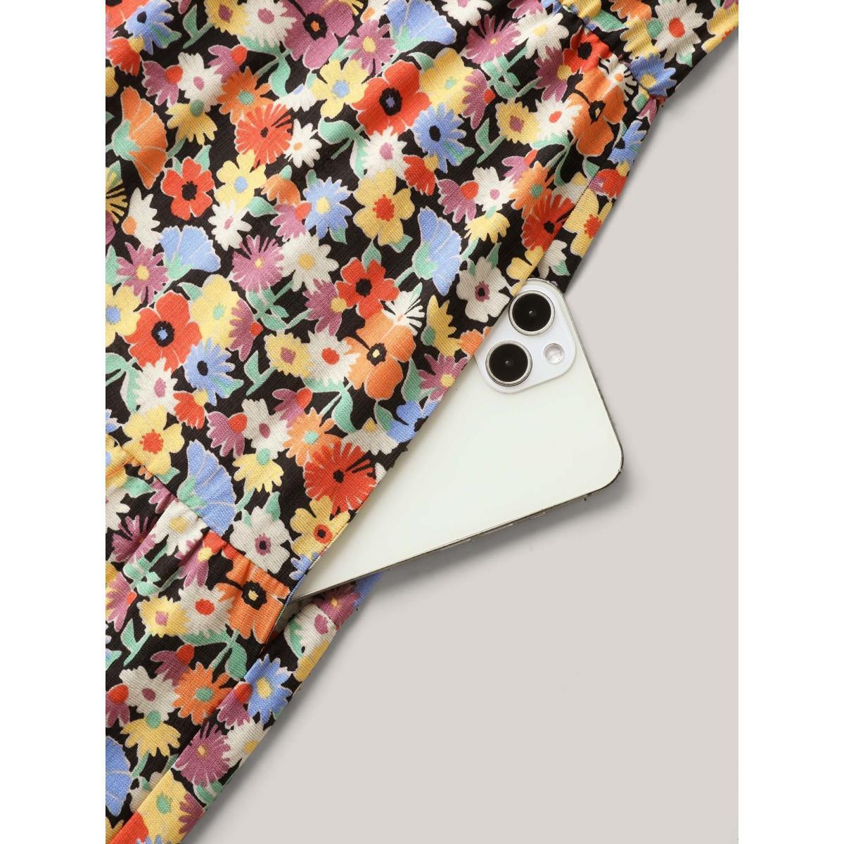 Plus Size Rayon Colorful Floral Print Tiered Pockets Midi Dress Multicolor Women Notched collar Cap Sleeve Curvy BloomChic 18-20/2X Product Image