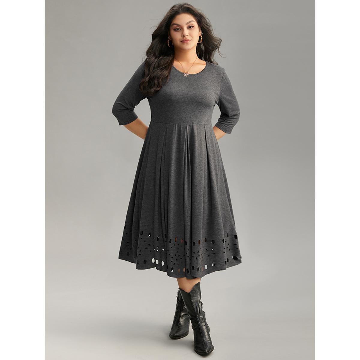Plus Size Plain Elastic Waist Laser Cut Crew Neck Dress Gray Women Casual Plain Round Neck Elbow-length sleeve Curvy Midi Dress BloomChic 10/M Product Image