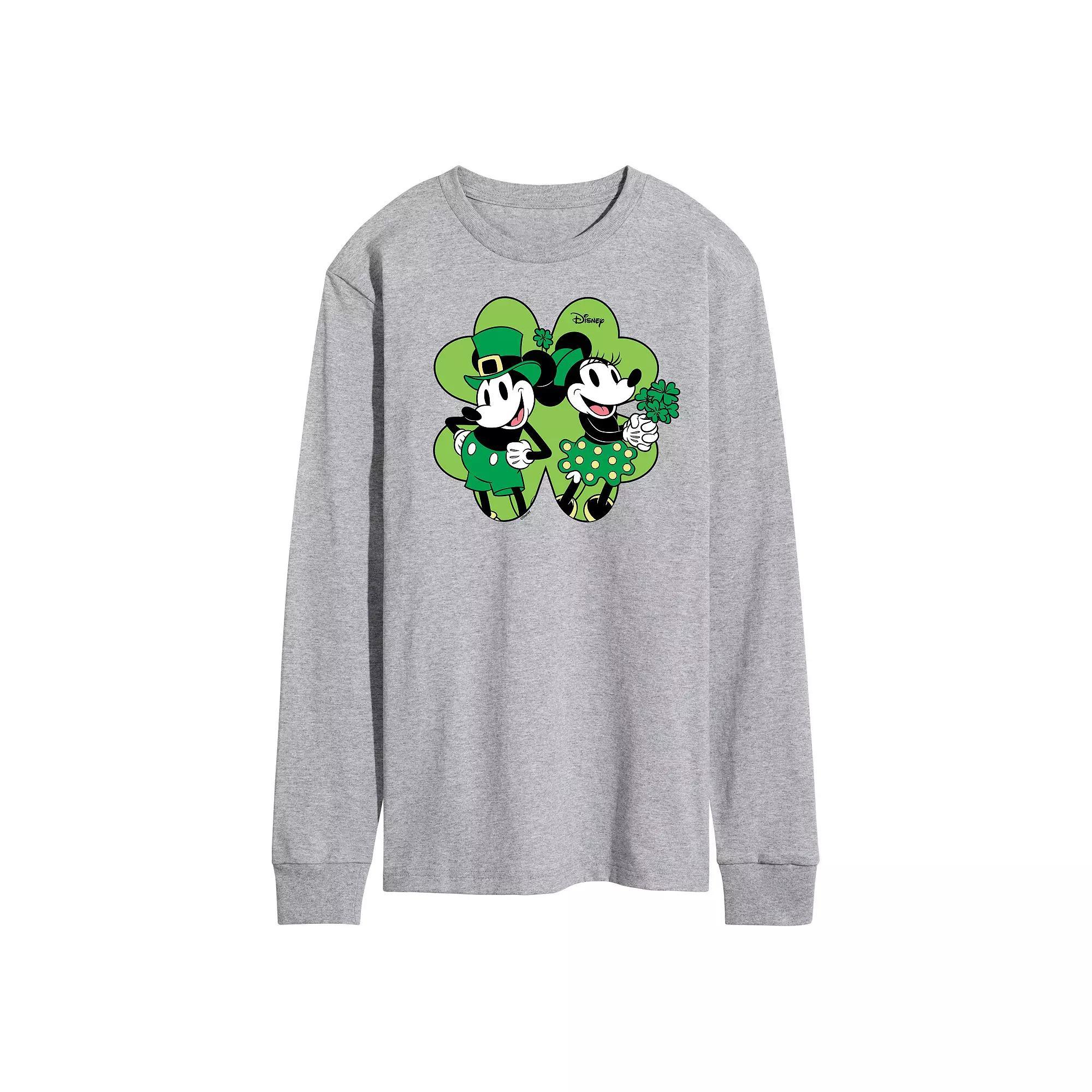 Disneys Mickey & Minnie Mouse Mens Shamrock Long Sleeve Graphic Tee Grey Gray Product Image