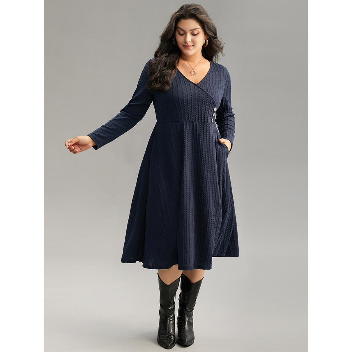Plus Size Solid Appliques Button Detail Elastic Waist Dress Midnight Women Casual Texture Deep V-neck Long Sleeve Curvy Midi Dress BloomChic 22-24/3X Product Image