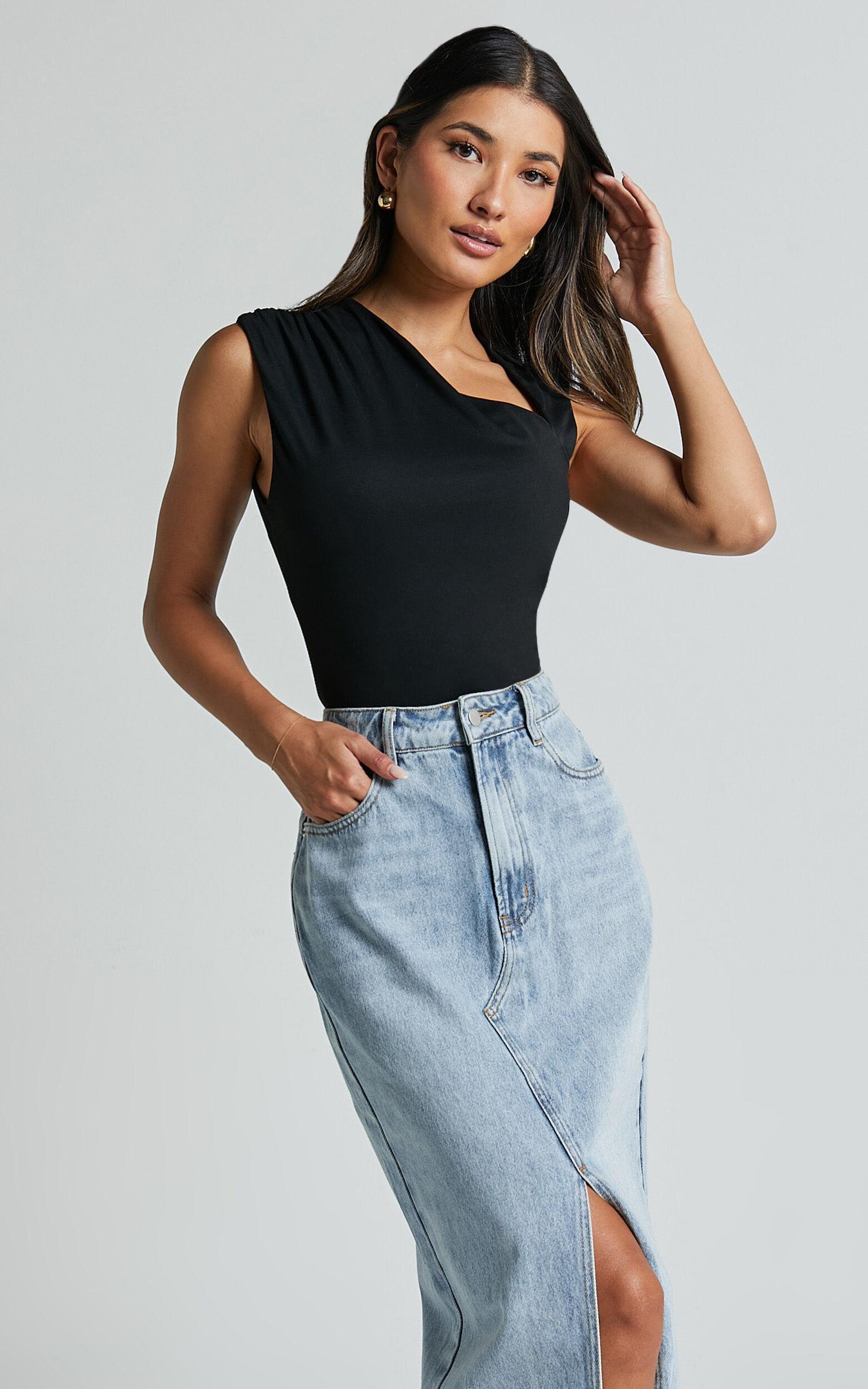 Inessa Top - Sleeveless Asymmetrical Neck Top in Black Product Image