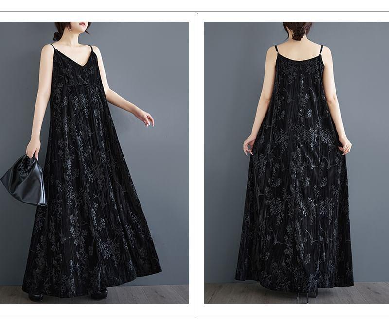 Spaghetti Strap V-Neck Floral Patterned Velvet Maxi A-Line Dress Product Image