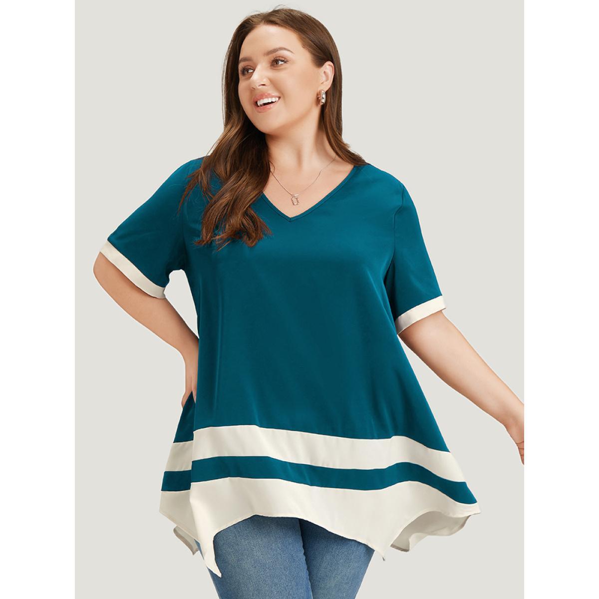 Plus Size Teal Anti-Wrinkle Two Tone Hanky Hem Blouse Women Office Short sleeve V-neck Work Blouses BloomChic 14-16/1X Product Image