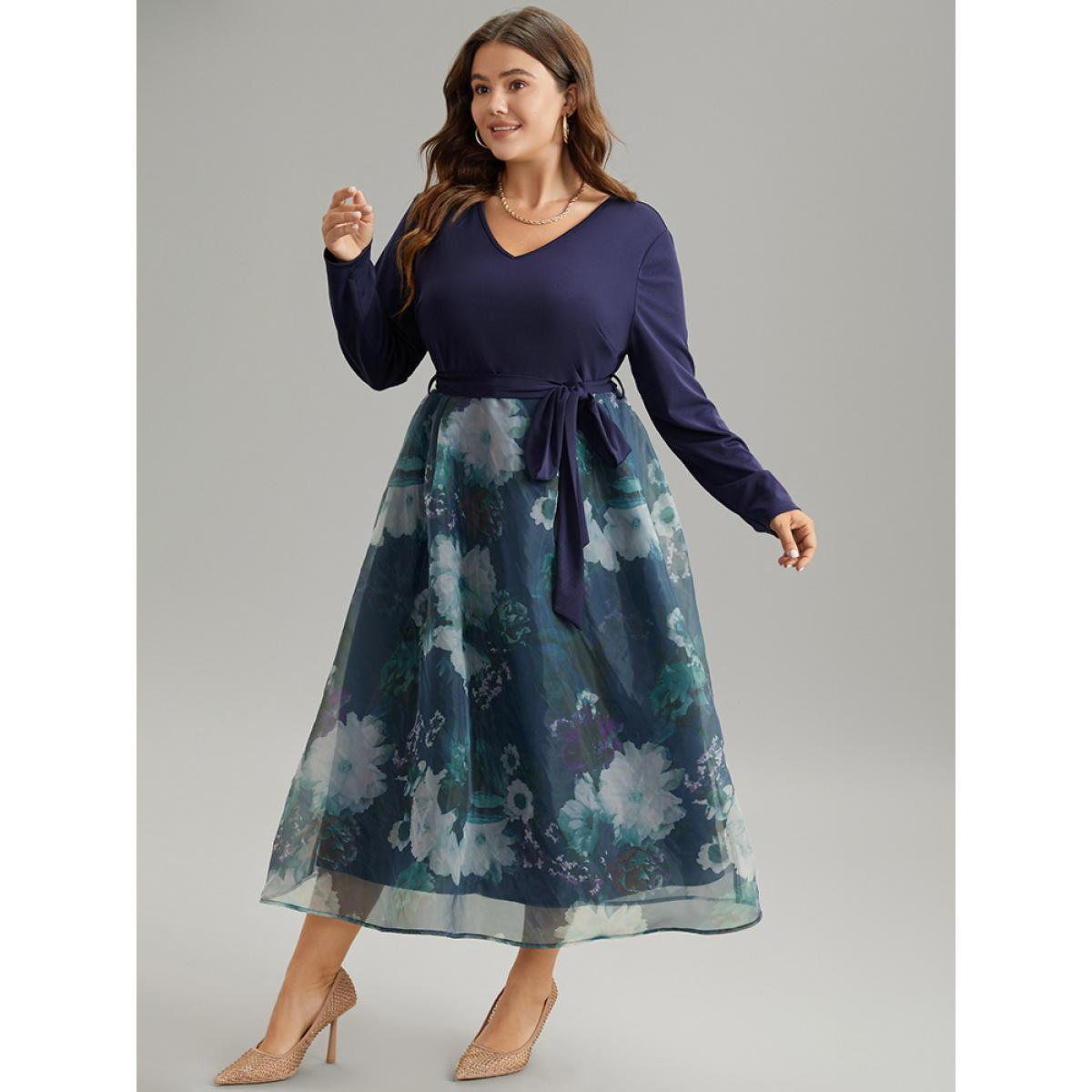 Plus Size Floral Print Belted Patchwork Mesh Dress DarkBlue Women Elegant Belted V-neck Long Sleeve Curvy Midi Dress BloomChic 12/L Product Image