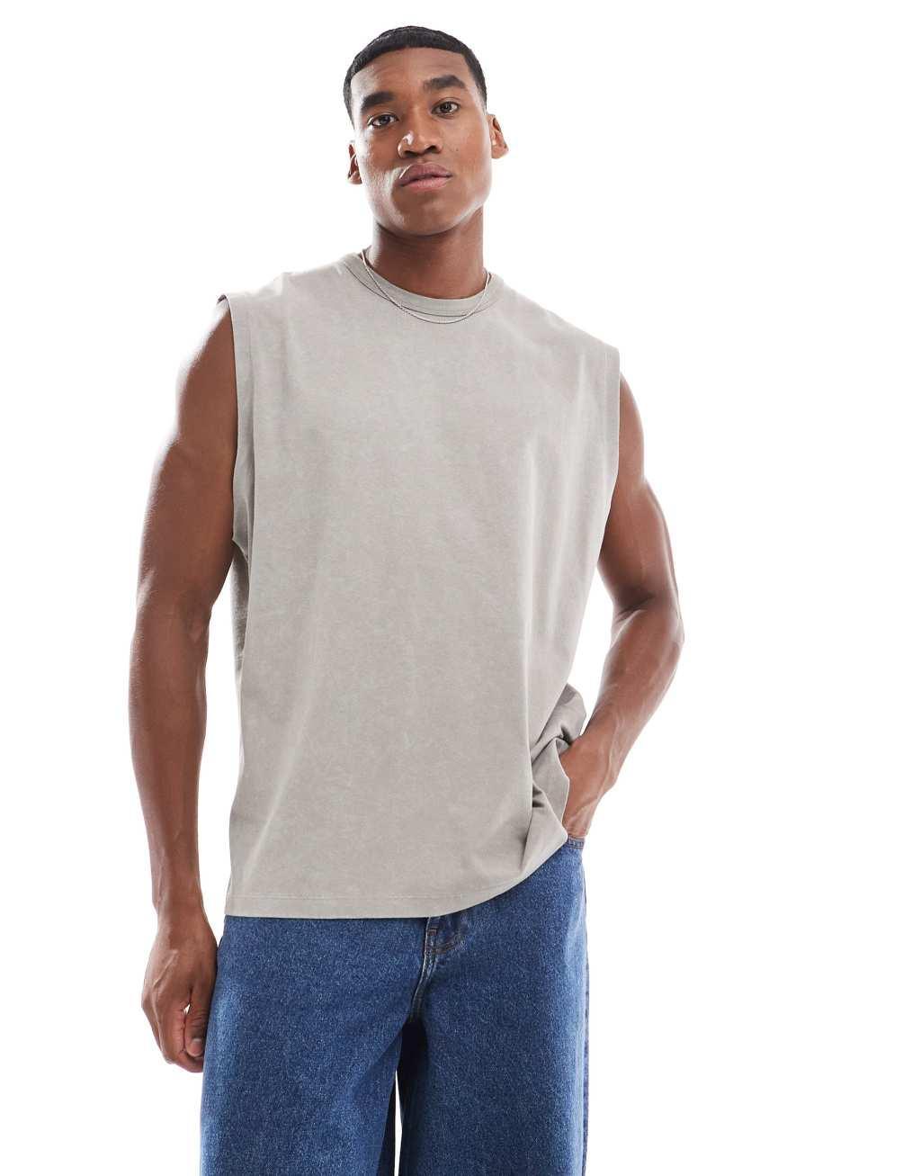 ASOS DESIGN oversized tank in heavyweight 220gsm washed beige with back grunge print Product Image