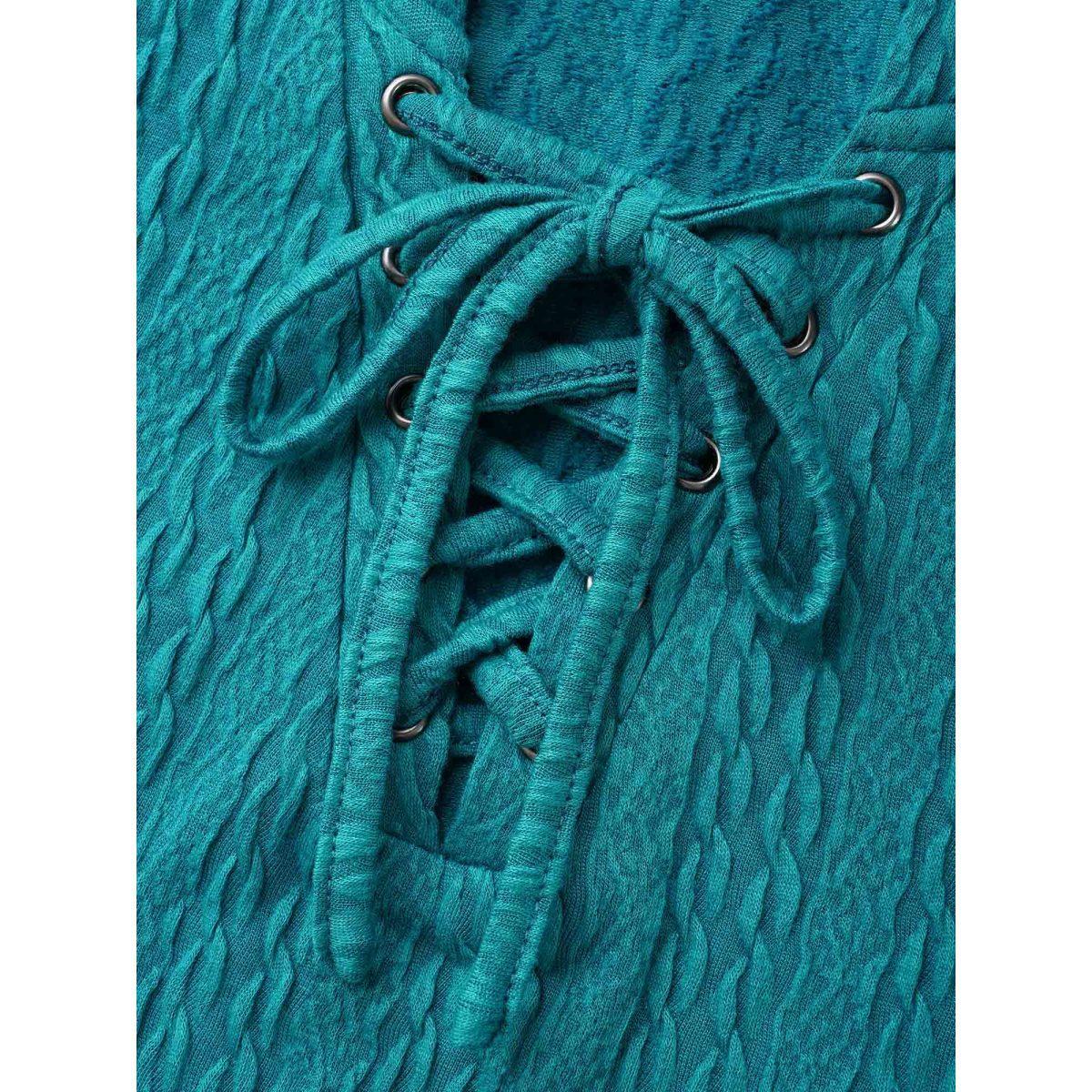 Plus Size Plain Textured Lace Up Hooded Sweatshirt Women Teal Casual Eyelet Non Everyday Sweatshirts BloomChic 10/M Product Image