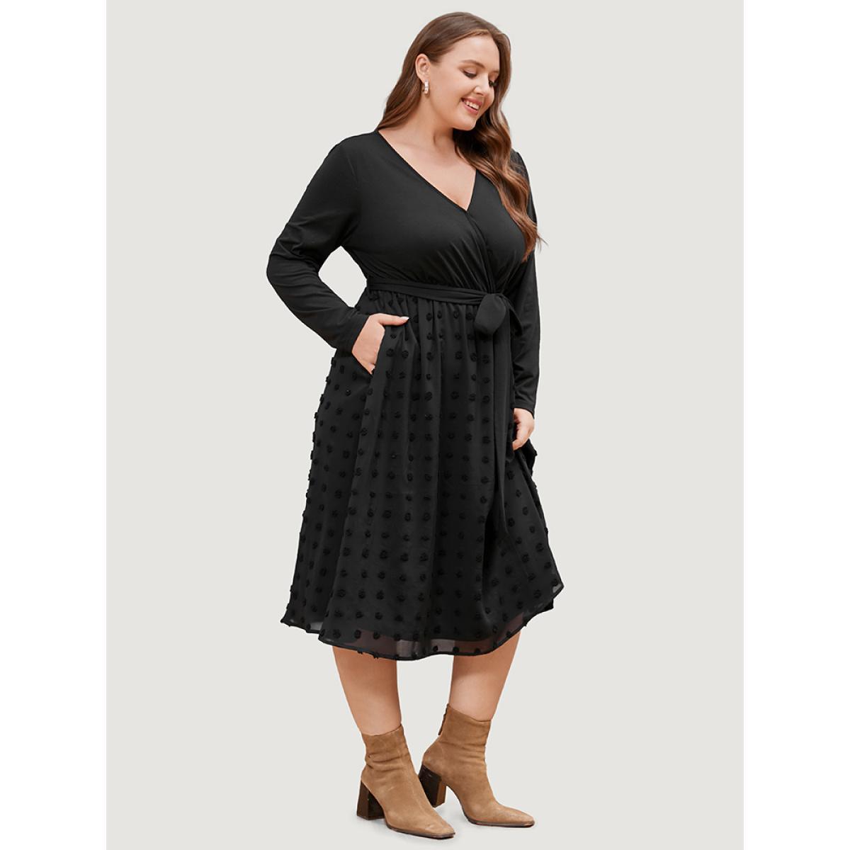 Plus Size Solid Surplice Neck Pocket Mesh Patchwork Belted Dress Black Women Casual Elastic Waist V-neck Long Sleeve Curvy Midi Dress BloomChic 30/6X Product Image