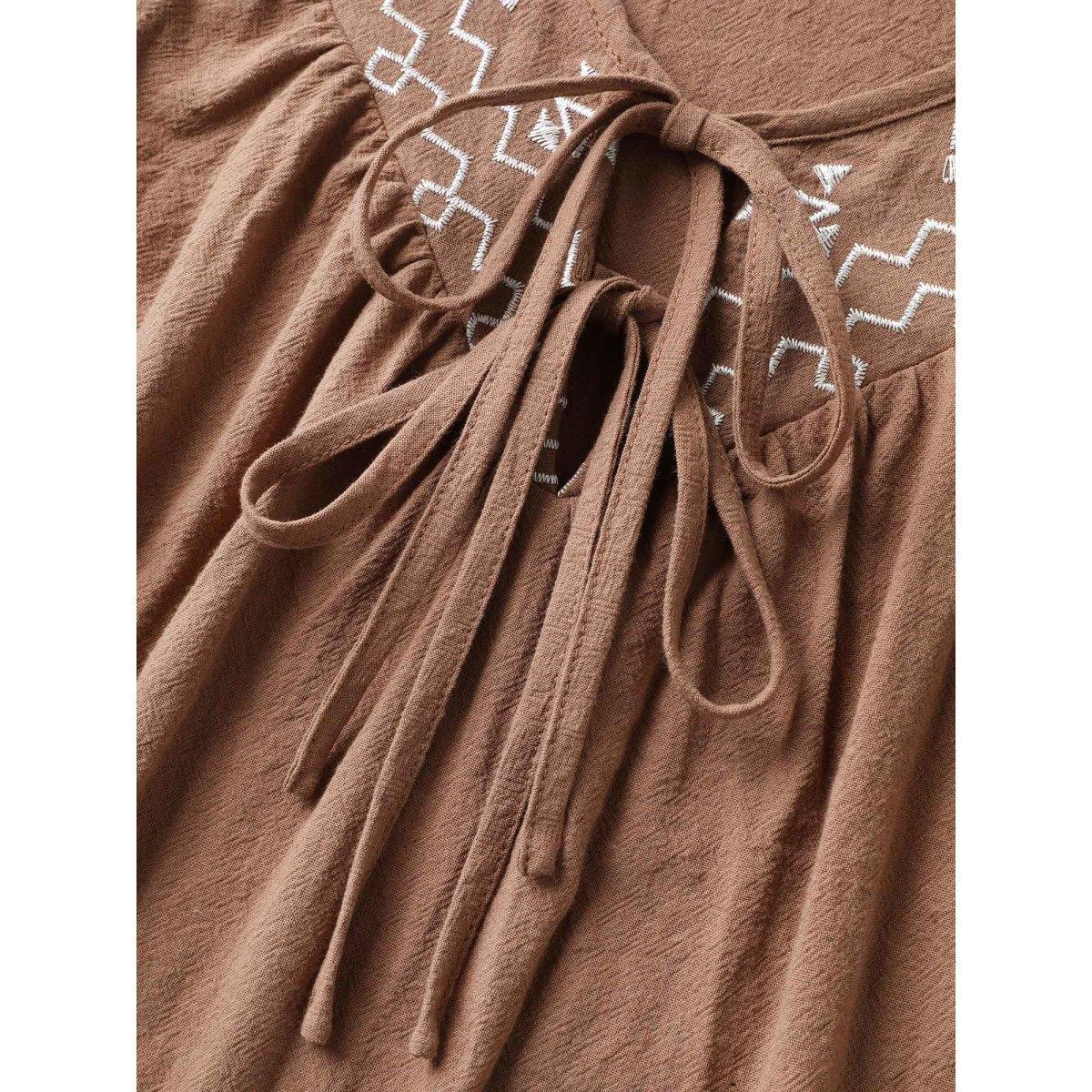 Plus Size Bronze Pure Cotton Embroidered Neck Blouse Women Short sleeve V-neck Vacation Blouses BloomChic 18-20/2X Product Image