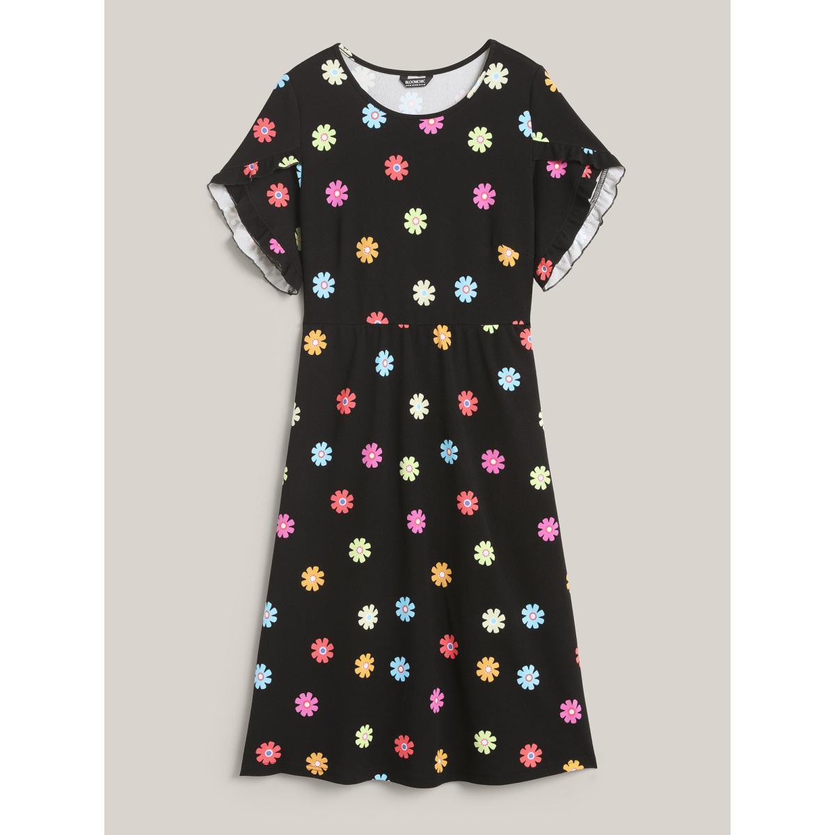 Plus Size Stretchy-Waist Floral Print Pockets Midi Dress Black Women Casual Texture Knit Dresses Bloomchic 18-20/2X Product Image