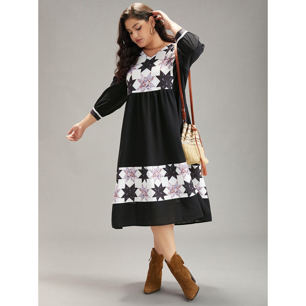 Plus Size Geometric Colorblock Pocket Gathered Dress Black Women Vacation Printed V-neck Elbow-length sleeve Curvy Midi Dress BloomChic 12/L Product Image