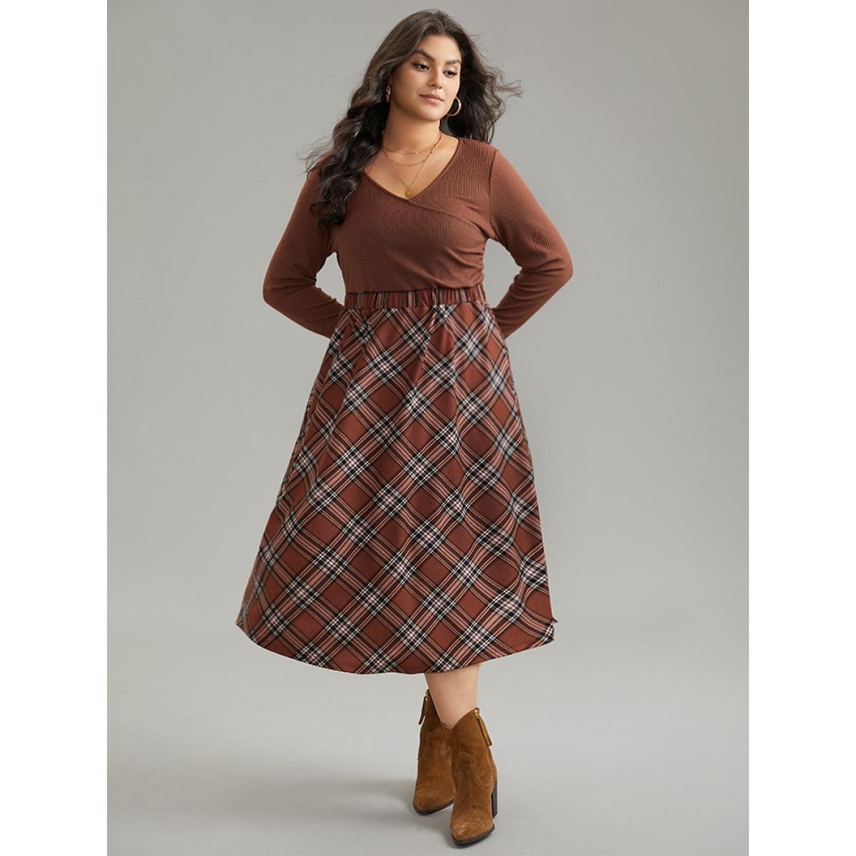 Plus Size Plaid Elastic Waist Patchwork Rib Knit Dress Maroon Women Elegant Printed Round Neck Long Sleeve Curvy Midi Dress BloomChic 14-16/1X Product Image