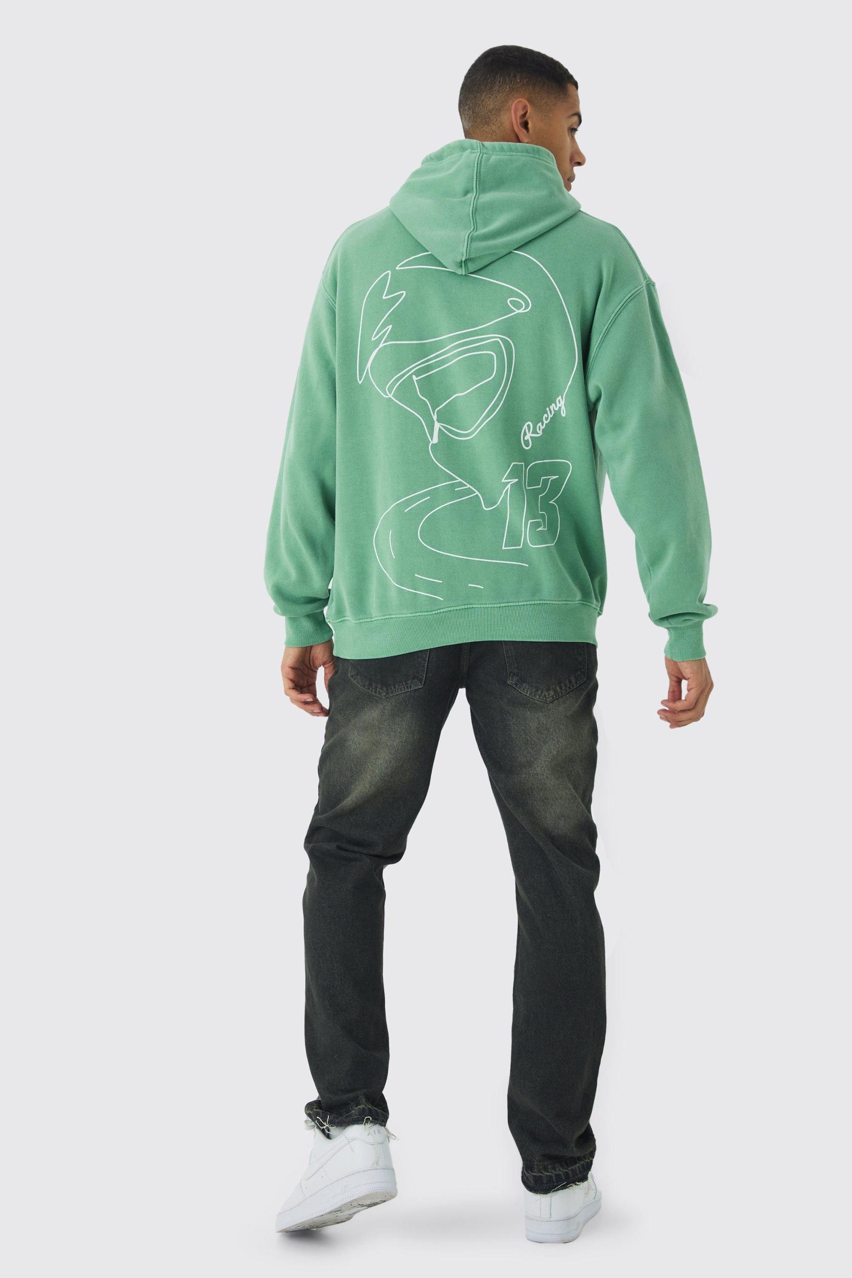 Oversized Moto Line Drawing Graphic Washed Hoodie | boohooMAN USA Product Image