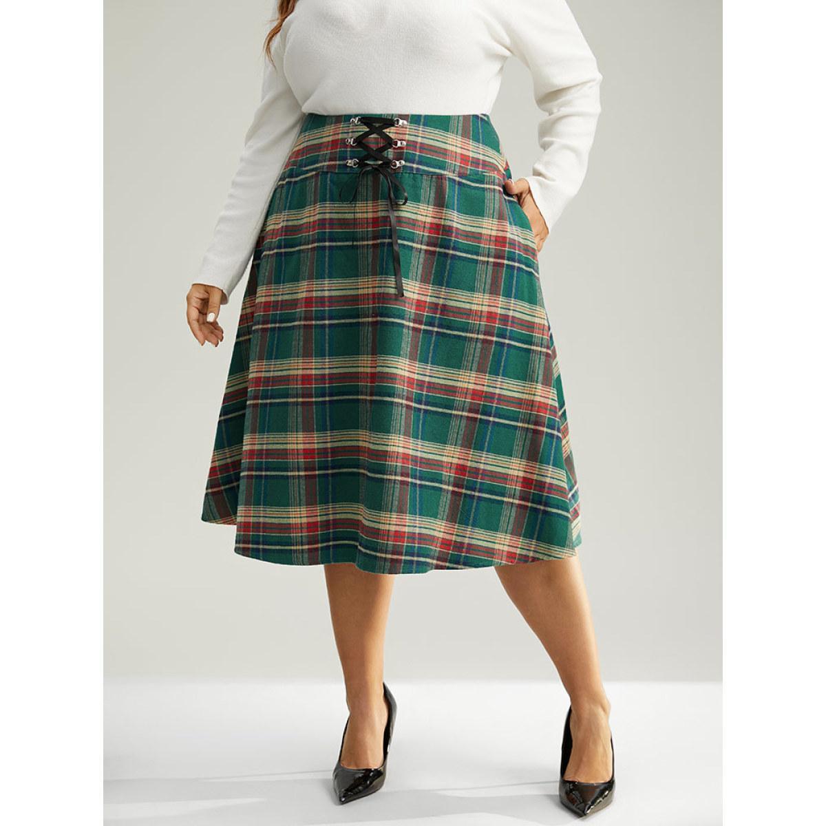 Plus Size Plaid Lace Up Pocket Cropped Skirt Women DarkGreen Party Style accents No stretch Pocket Festival-Christmas Skirts BloomChic 28/5X Product Image