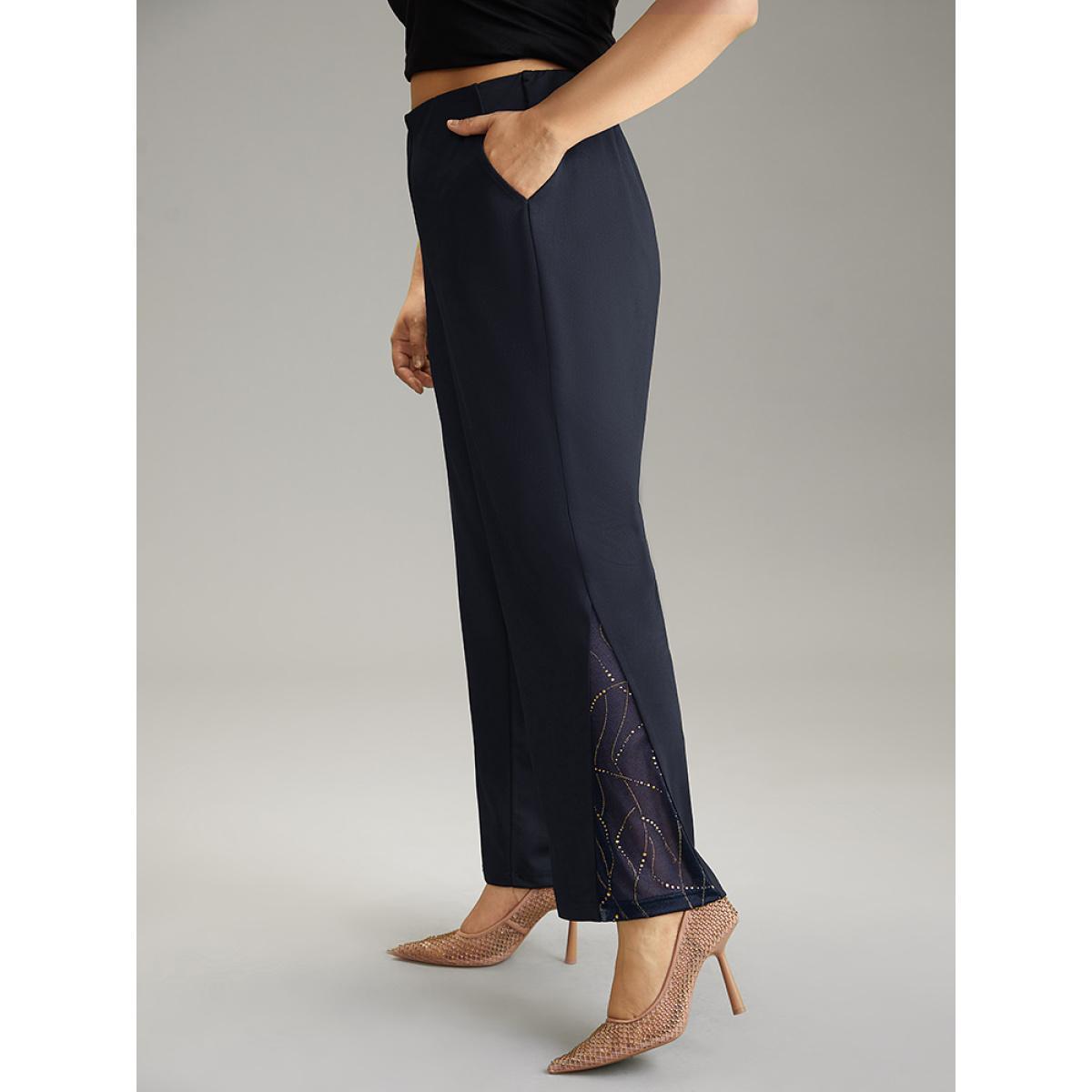Plus Size Plain Rhinestone Patchwork Mesh Bootcut Pants Women Indigo Glamour Bootcut High Rise Party Pants BloomChic 30/6X Product Image