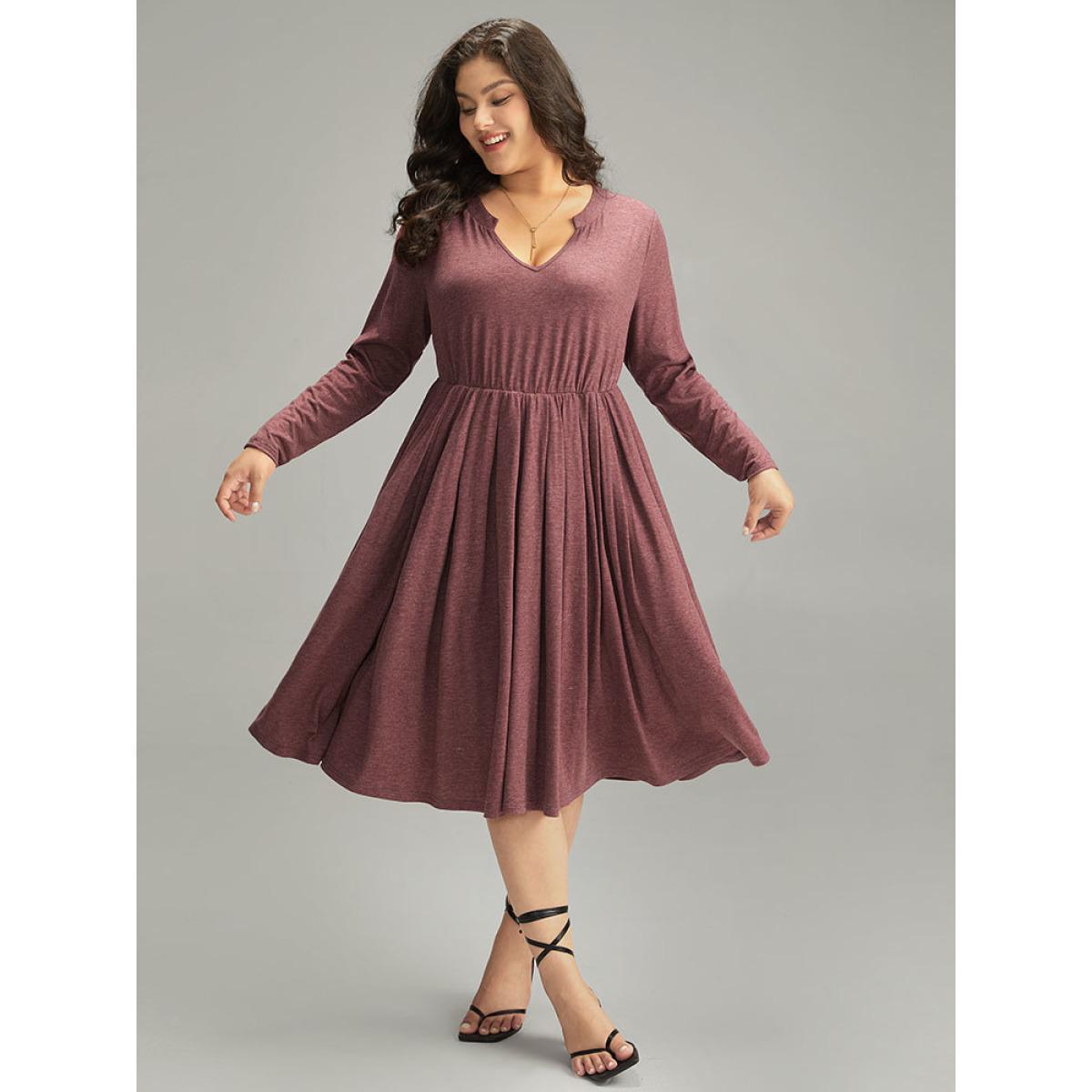 Plus Size Supersoft Essentials Notched Elastic Waist Dress Russet Women Elegant Gathered Notched collar Long Sleeve Curvy Midi Dress BloomChic 28/5X Product Image