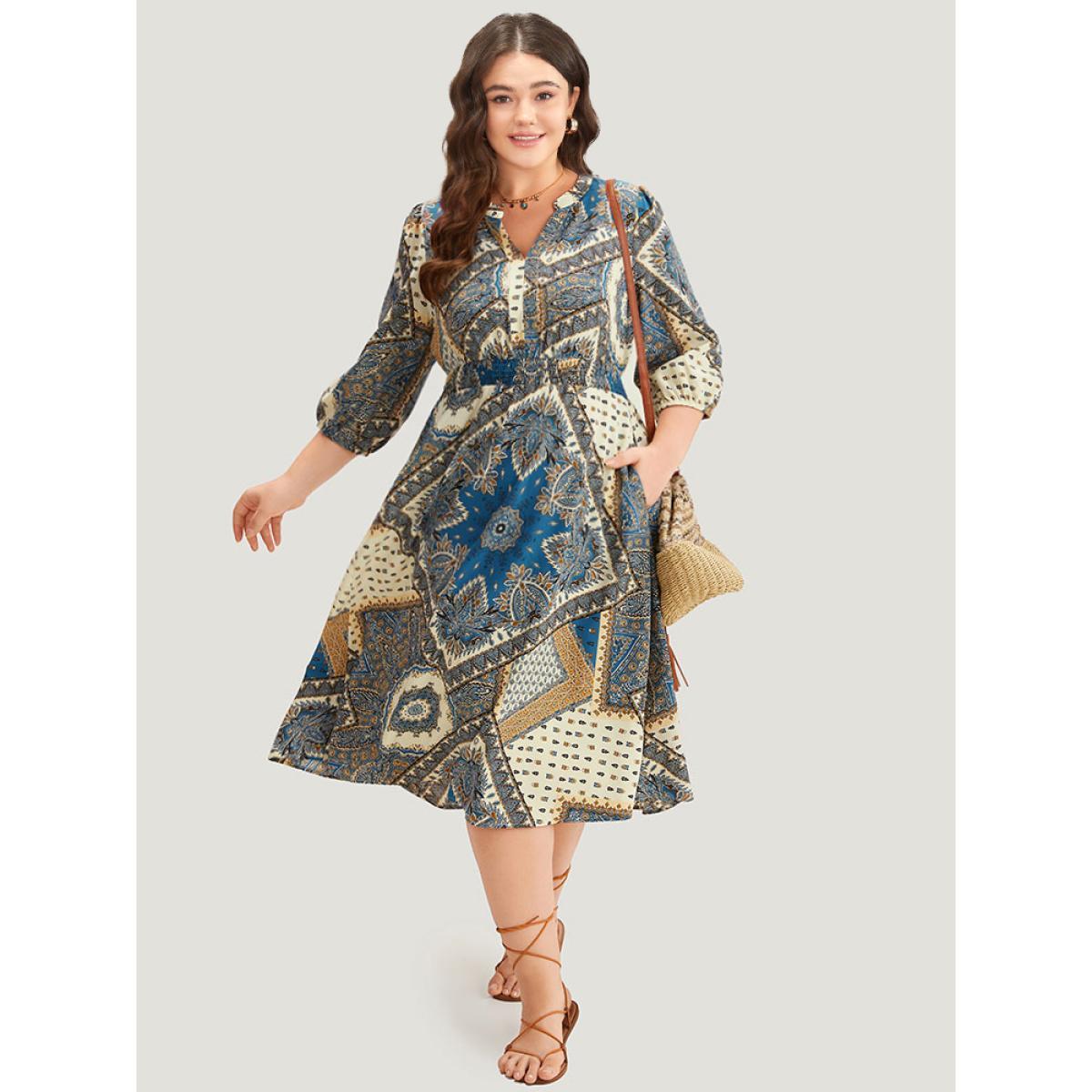 Plus Size Bandana Print Notched Lantern Sleeve Dress Cerulean Women Vacation Elastic cuffs Notched collar Elbow-length sleeve Curvy Midi Dress BloomChic 28/5X Product Image