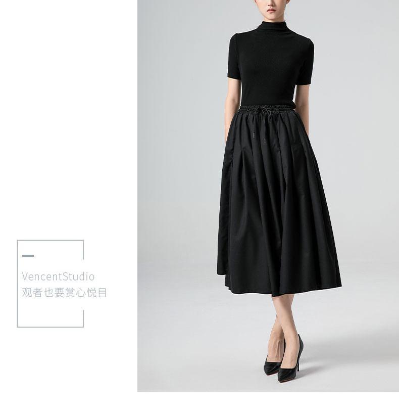Drawstring Waist Plain Asymmetrical Pleated Midi A-Line Skirt Product Image