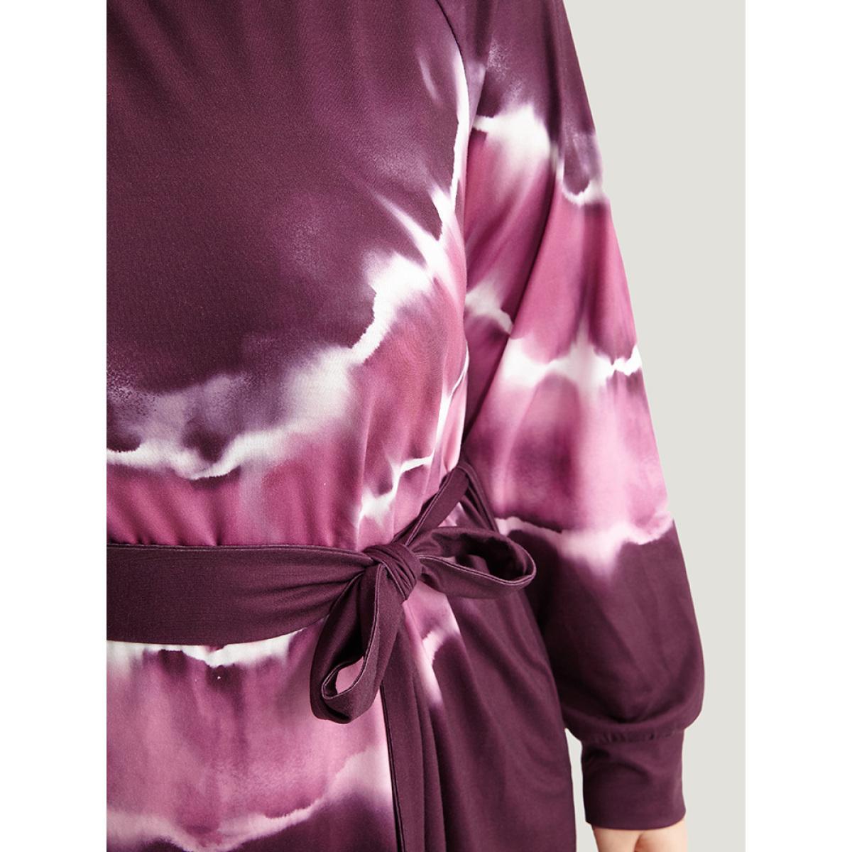 Plus Size Tie Dye Pocket Round Neck Belted Raglan Sleeve Dress Multicolor Women Casual Belted Round Neck Long Sleeve Curvy Knee Dress BloomChic 26/4X Product Image