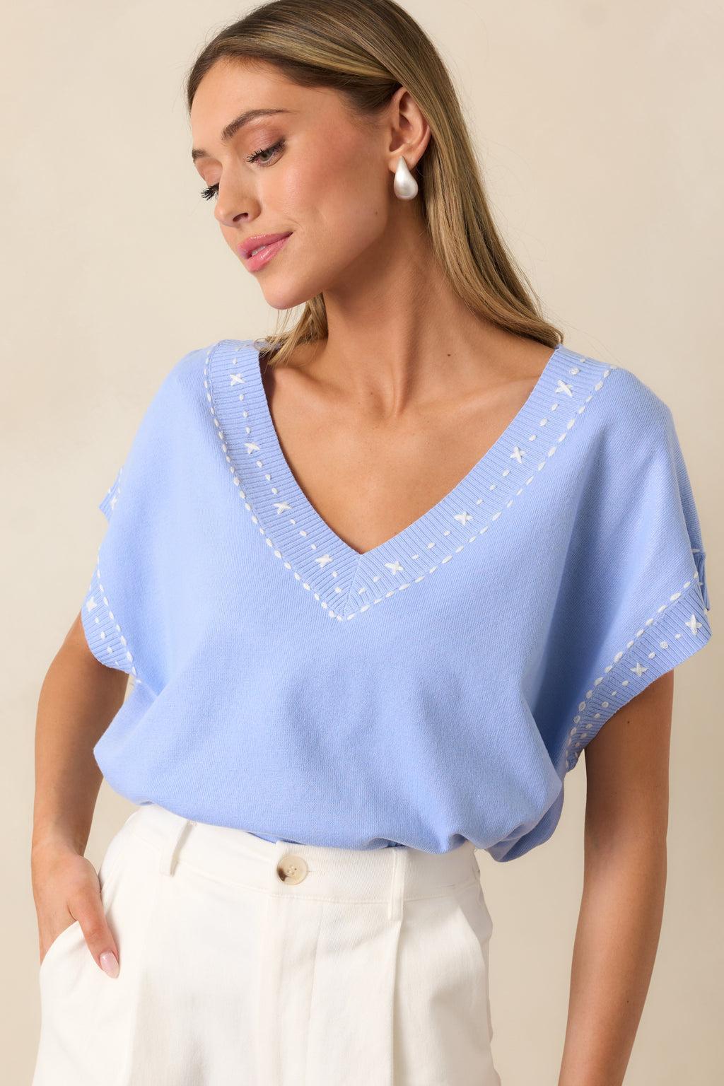 Horizons Ahead Blue V-Neckline Knit Top Product Image