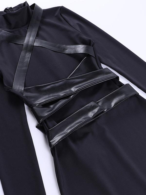 Leather Splice Long Sleeve Bodycon Mini Dress Product Image