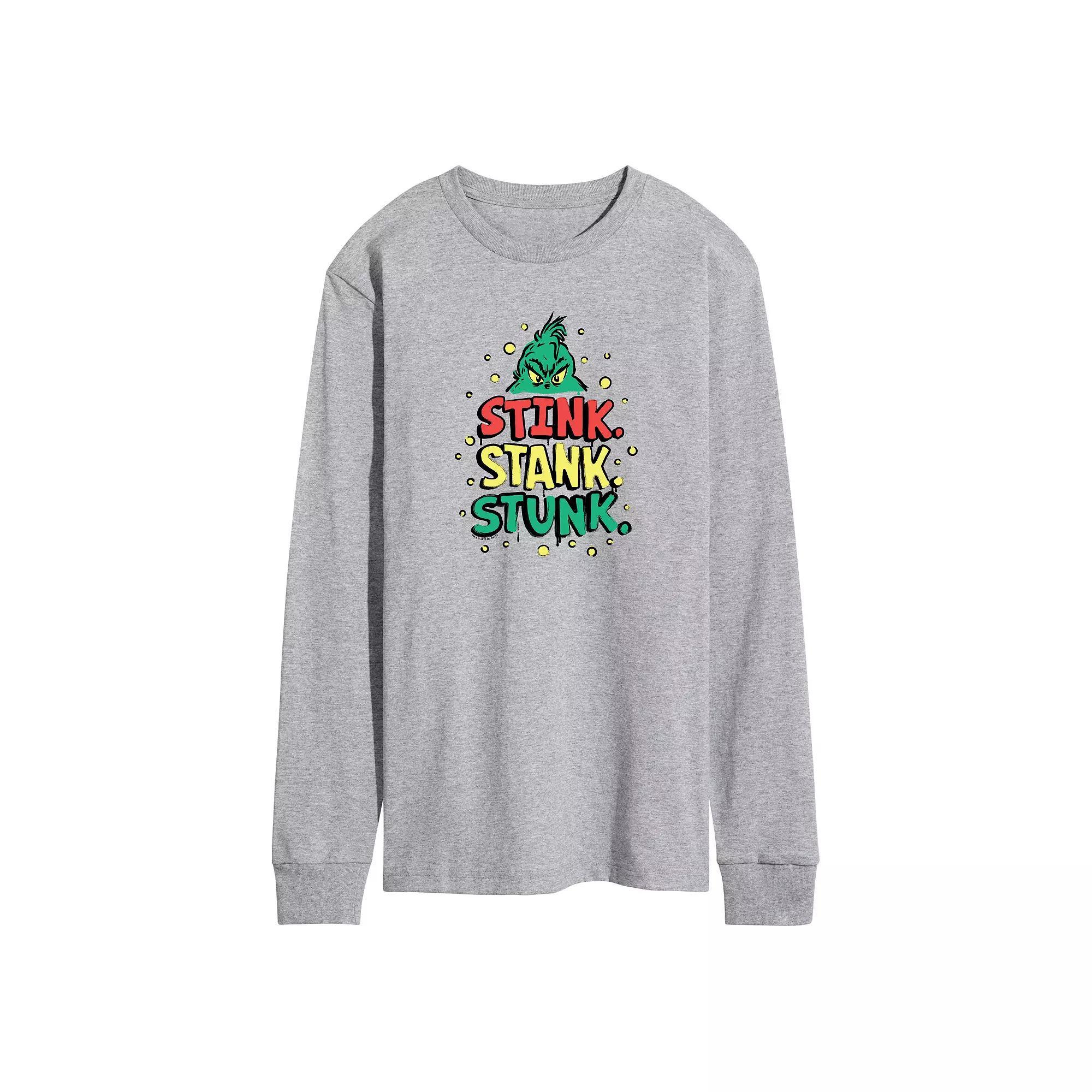 Mens Dr. Seuss The Grinch Stink Stank Stunk Long Sleeve Graphic Tee Grey Gray Product Image