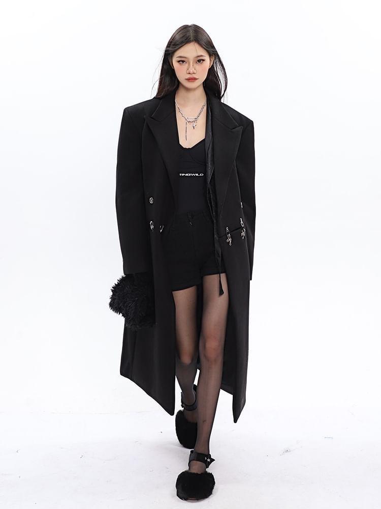 Peak Lapel Plain Buckled Double-Breasted Long Coat Product Image