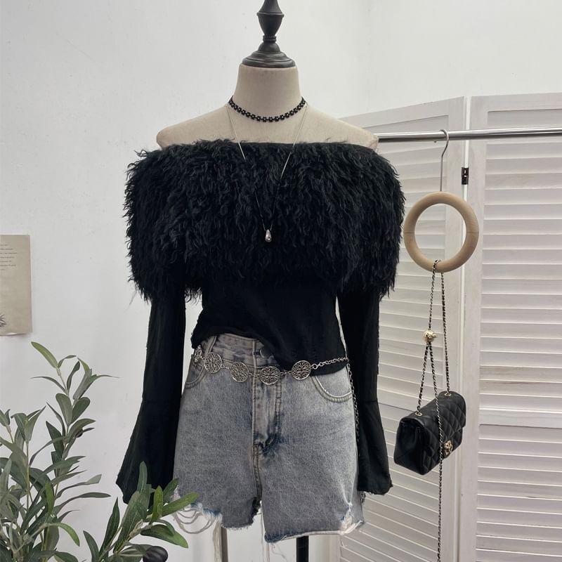 Long Sleeve Off Shoulder Fluffy Panel Plain Distressed Crop Top Product Image